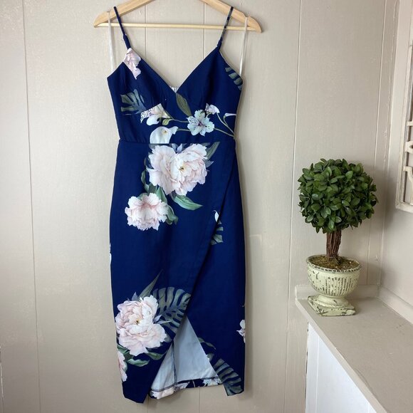 White Closet-Showpo Brand Navy Blue White Floral Fitted Midi Dress Size 2 - Picture 8 of 8